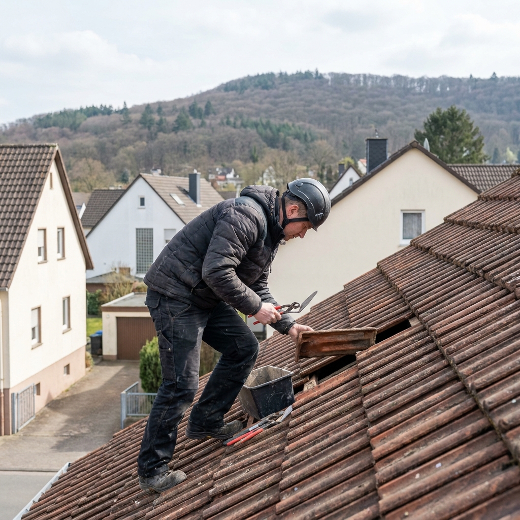 Dachdecker bei Arbeiten an einem Ziegeldach eines Wohnhauses im südlichen Rheinland.
