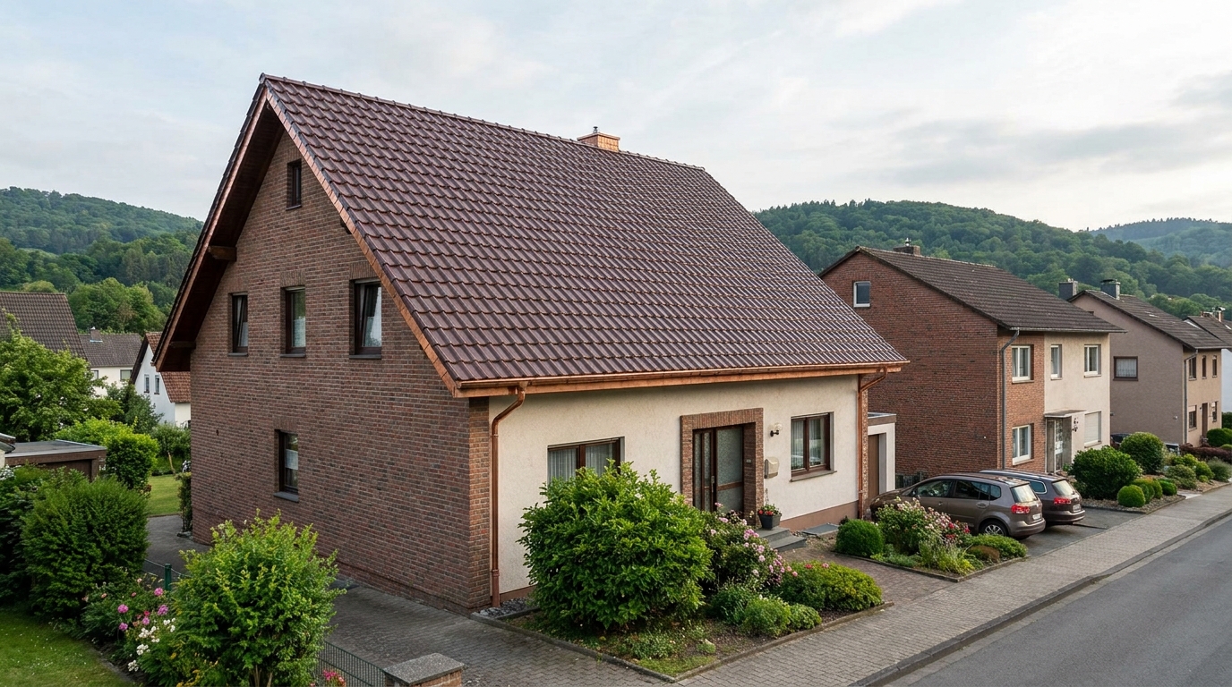Gedecktes Ziegeldach eines gepflegten Wohnhauses im südlichen Rheinland.