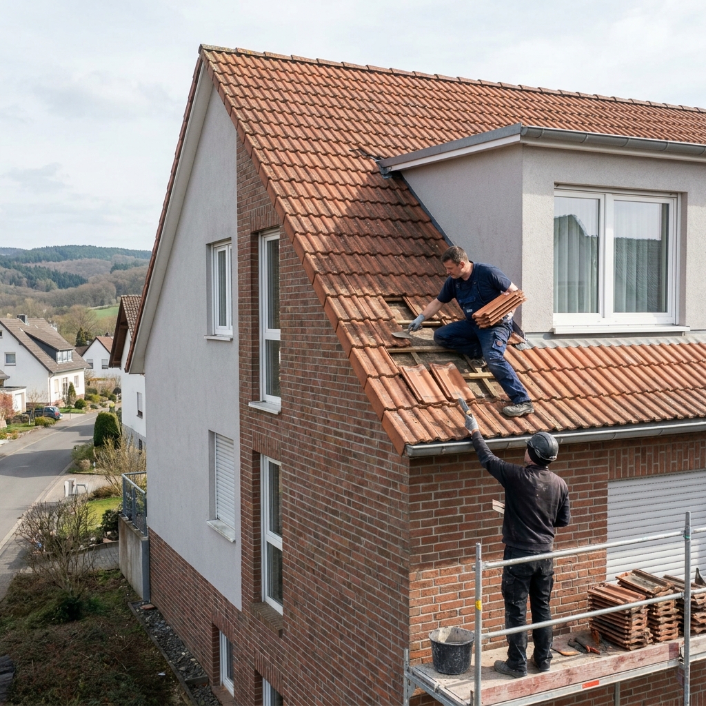 Neueindeckung eines geneigten Ziegeldachs an einem Wohnhaus.