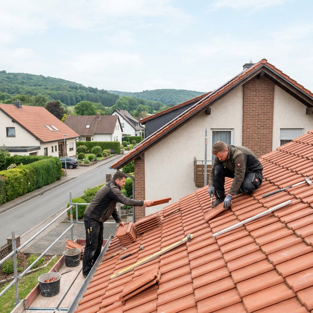 Dachdecker bei der Sanierung eines Ziegeldachs an einem Wohnhaus im südlichen Rheinland