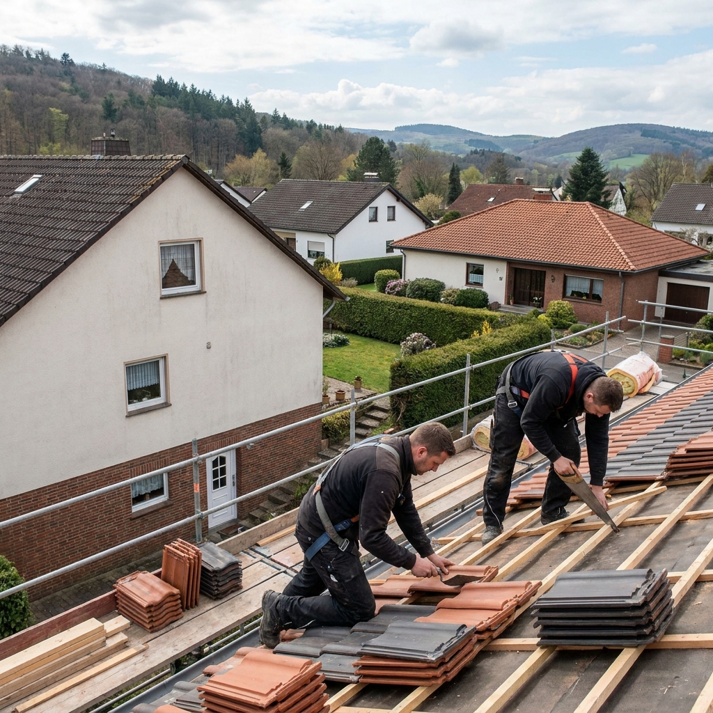 Rotes Ziegeldach eines gepflegten Wohnhauses im südlichen Rheinland.