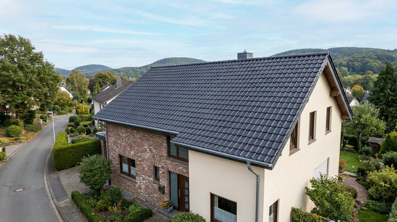 Sauber gedecktes Ziegeldach auf einem Wohnhaus im südlichen Rheinland.