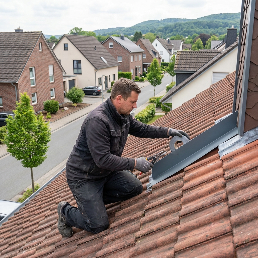 Dachdecker repariert Dachziegel auf einem Wohnhausdach.