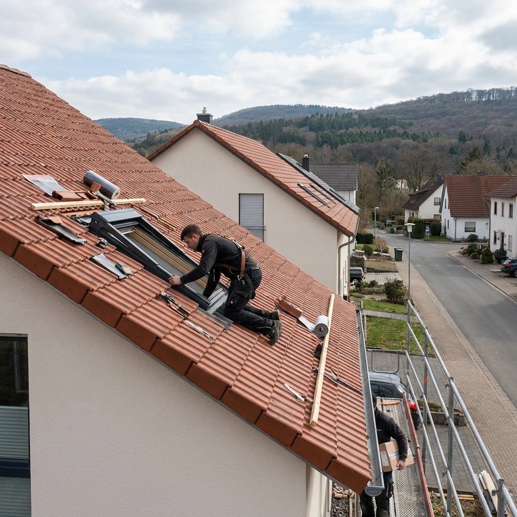 Dachdecker baut ein Dachfenster in ein geneigtes Ziegeldach ein