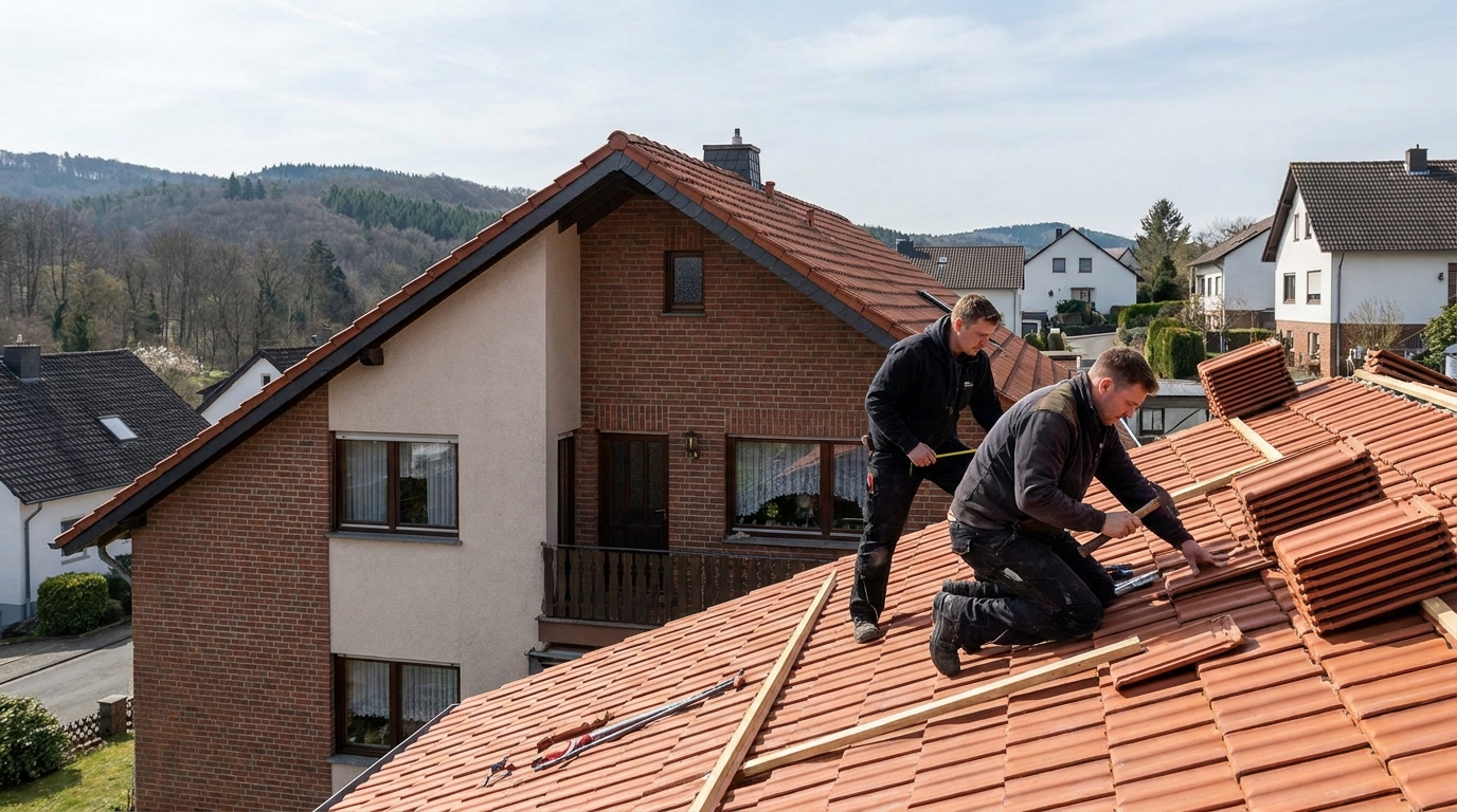 Dachdecker bei sorgfältiger Arbeit an einem geneigten Wohnhausdach.