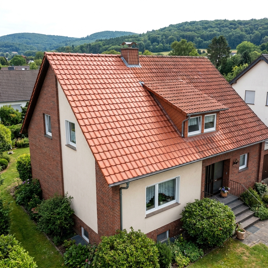 Handwerker setzt ein Dachfenster in ein geneigtes Ziegeldach ein.