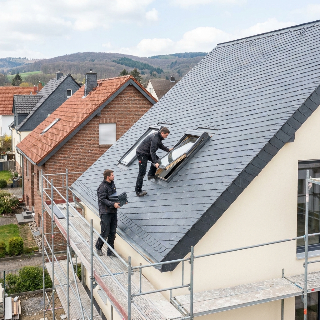 Ziegeldach eines gepflegten Wohnhauses im südlichen Rheinland.