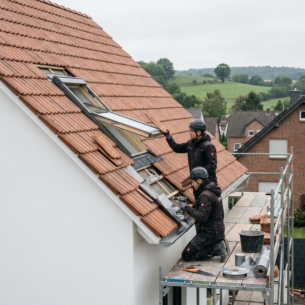 Dachdecker baut ein Dachfenster in ein geneigtes Ziegeldach ein.