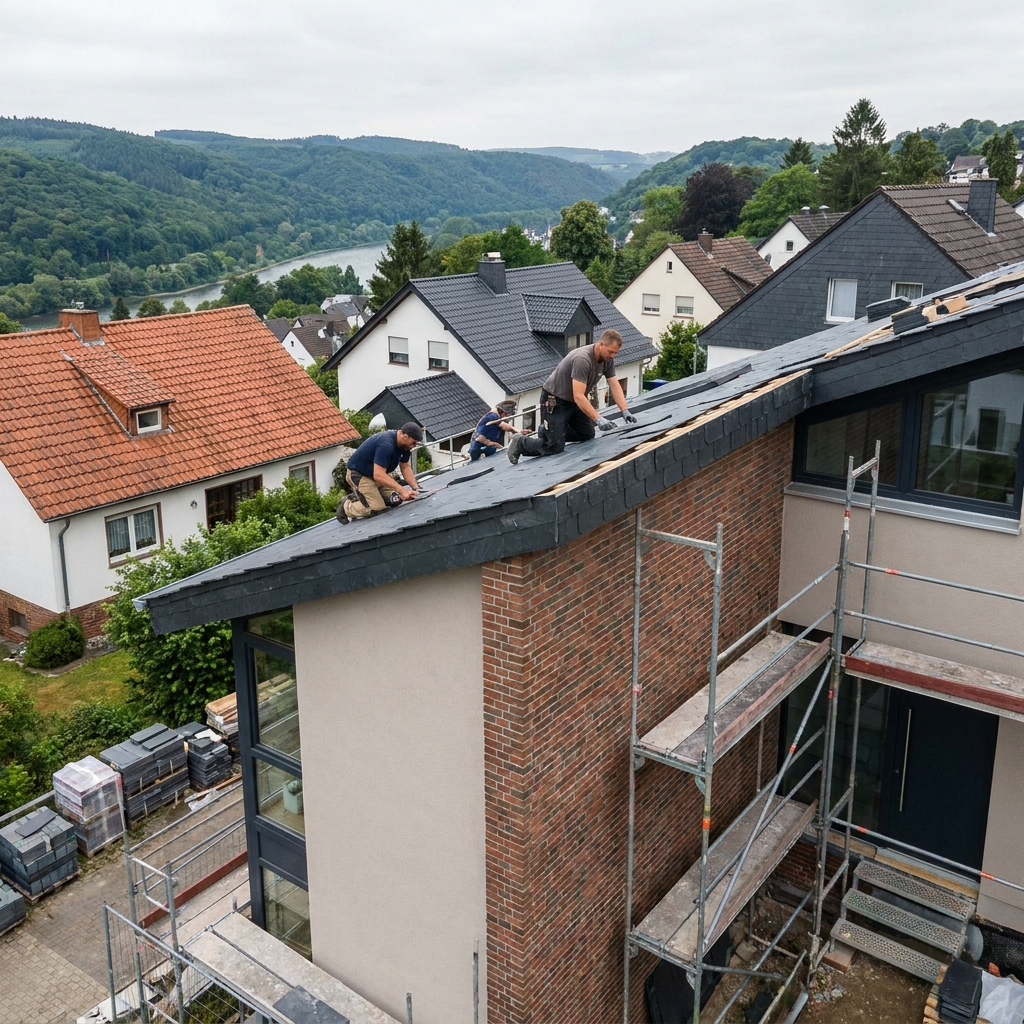 Sauber gedecktes Schieferdach vor bewaldeten Hügeln des Siebengebirges.