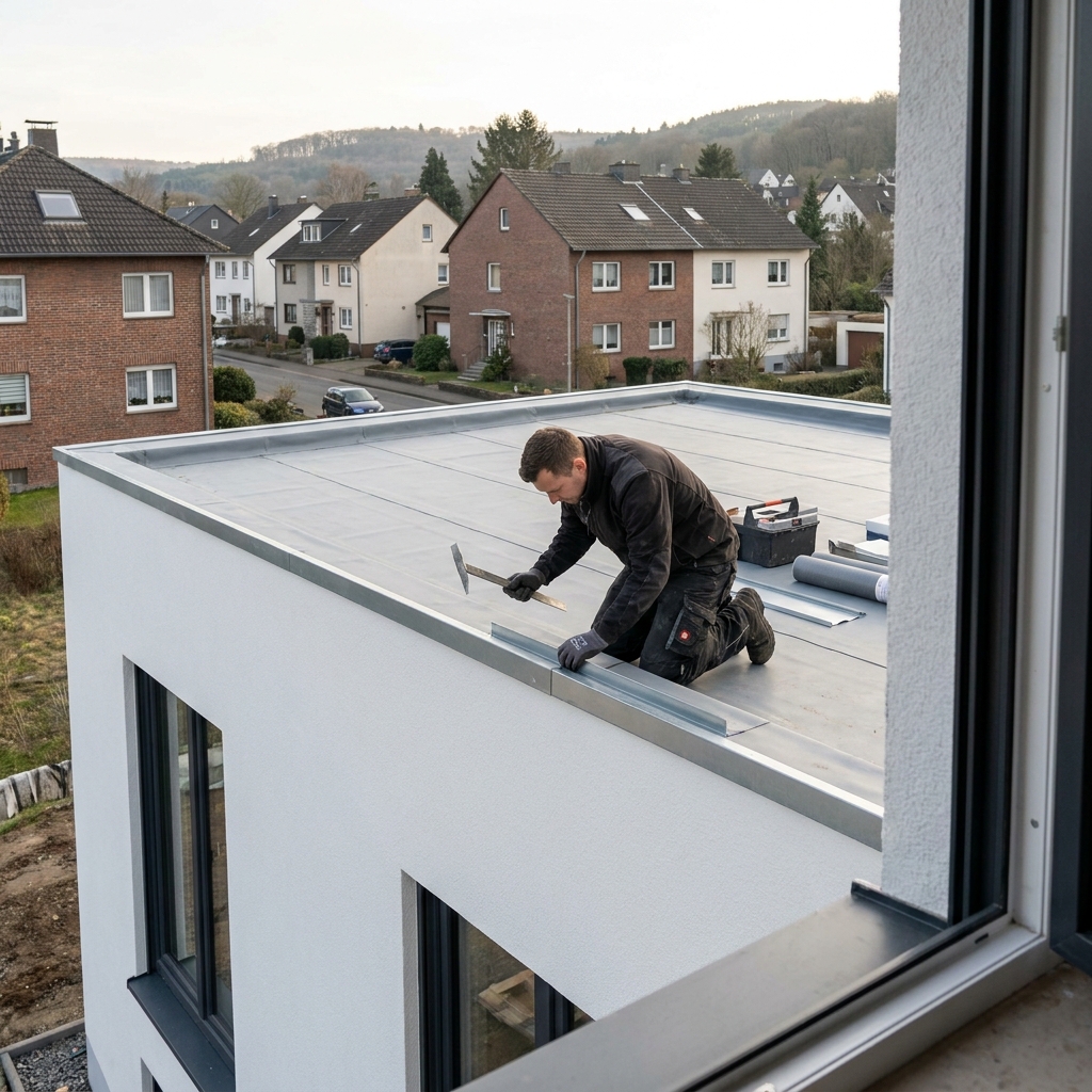 Dachdecker bei Arbeiten an der Abdichtung eines Flachdachs an einem Wohnhaus.