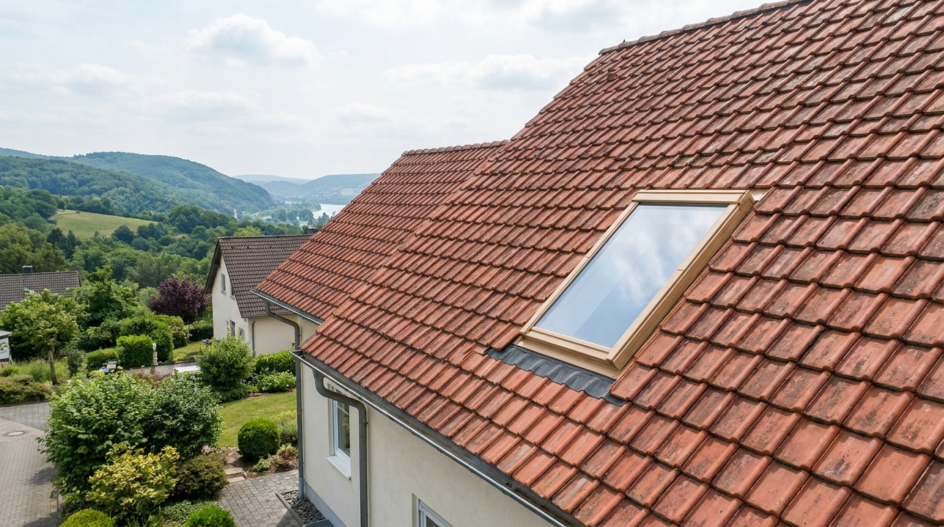 Dachfenster in einem geneigten Ziegeldach eines Wohnhauses.